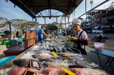 Krabi, Tayland; 1 Ocak 2023: Yengeç taze balık pazarında satıcı ve alıcılar.
