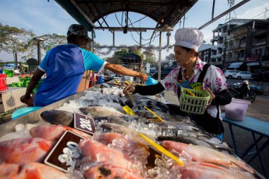 Krabi, Tayland; 1 Ocak 2023: Yengeç taze balık pazarında satıcı ve alıcılar.