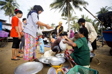 Sichon, Tayland; 1 Ocak 2023: Sichon sahilindeki balık pazarında satıcı ve alıcılar.