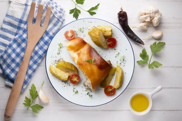 Segovia Spanferkel Ofen Mit Äpfeln Gekocht — Stockfoto