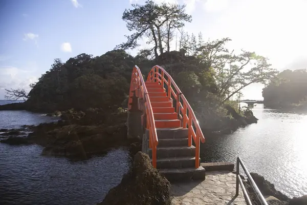 Red Bridge Conecting Volcanic Rock Formations Sado Island Yajima Kyojima — Stock Photo, Image