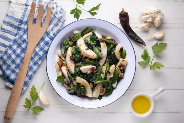 Cuttlefish Cooked Chard Spinach Spanish Traditional Tapas — Stock Photo, Image