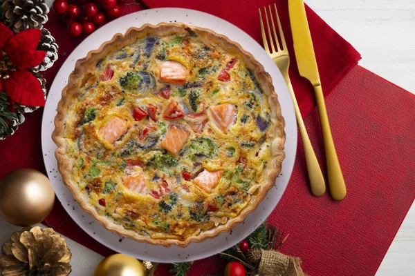 Traditional Salmon Quiche Broccoli Vegetables Christmas Food Served Table Decorated — Stock Photo, Image