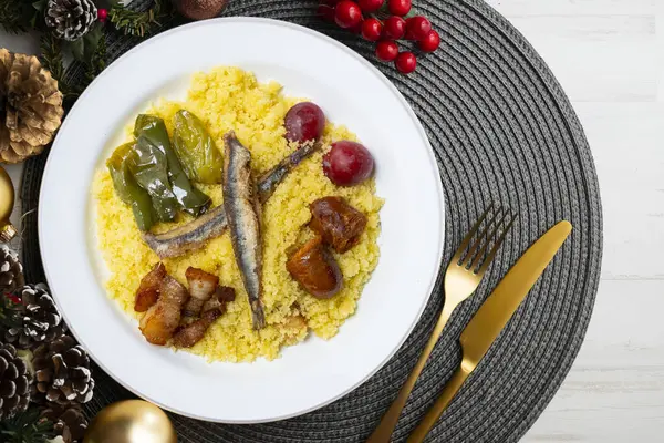 Migas Chorizo Tradycyjna Hiszpańska Tapa Andaluzji Boże Narodzenie Jedzenie Serverd — Zdjęcie stockowe