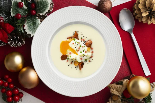 Poached Egg Potato Cream Mushrooms Christmas Food Served Table Decorated — Stock Photo, Image