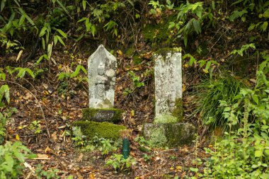 Magome, Japonya; 1 Ekim 2023: Japonya 'da bir ormanda dini motiflerle oyulmuş taş.