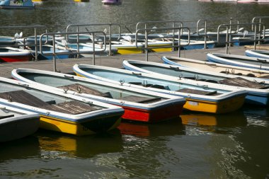 Tokyo, Japonya; 1 Ekim 2023: Tokyo, Japonya 'da Ueno Park' ta tekne ve binaların olduğu yapay göl.
