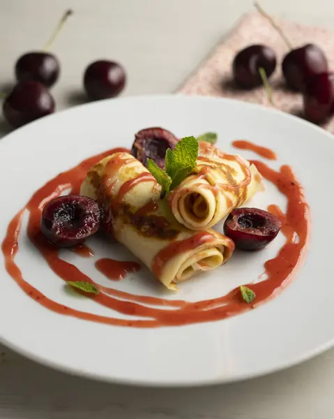 Delicious French Crepes Fresh Cherries Red Fruit Syrup — Stock Photo, Image