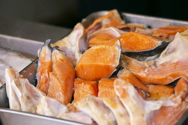 Salmon at a food stall at the Tsukiji Outer Market in the city of Tokyo, Japan.