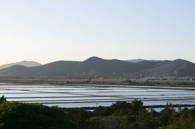 Ibiza adasındaki Sant Jordi kasabasındaki Ses Salines bölgesinde güzel bir gün batımı..