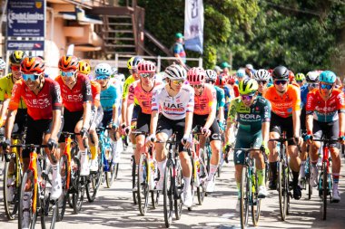 Sant Feliu de Guixols, İspanya 18 Mart 2024: Uluslararası UCI Takımları Peloton La Volta Katalunya 24 'ün birinci safhasında.