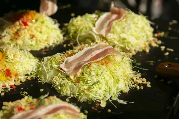 Okonomiyaki Salado Panqueque Col Japonesa Parrilla Como Gusta Con Elección — Foto de Stock