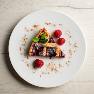 Geleneksel İtalyan crostata 'sı ahududu reçeli ile dolu. Orijinal tarifli İtalyan tatlısı..