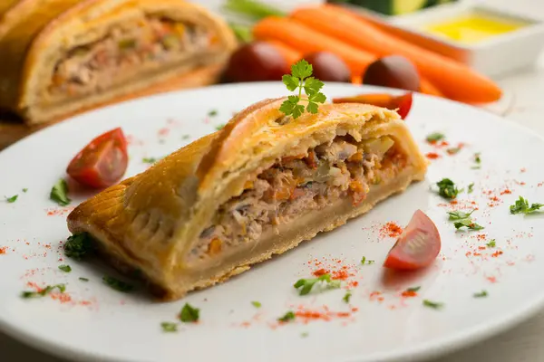 Traditional Galician Empanada Filled Vegetables Anchovies Traditional Recipe Northern Part — Stok fotoğraf