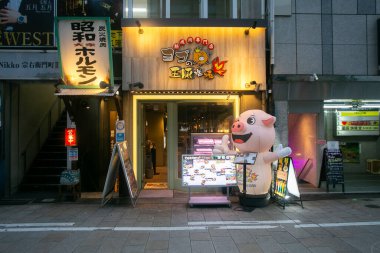 Osaka, Japonya; 20 Ekim 2023: Osaka şehrinin Dotonbori ilçesinde bir restoranın önü, gece hayatı ve yemek sahneleriyle ünlüdür..