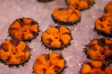 Japonya 'nın Kyoto kentindeki Nishiki balık pazarında bir markette taze üniversite..