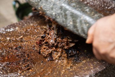 Oaxaca 'daki yerli bir toplumdan bir kadın, Meksika' daki malzemeleri öğütmek için kullanılan bir aletle geleneksel siyah köstebeği hazırlıyor..