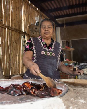 Teotitlan del valle, Oaxaca, Meksika 1 Kasım 2024: Geleneksel bir Oaxacan aşçısı bir metate üzerinde siyah köstebek hazırlıyor. 