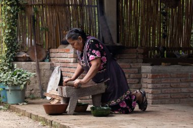 Teotitlan del valle, Oaxaca, Meksika 1 Kasım 2024: Geleneksel bir Oaxacan aşçısı bir metate üzerinde siyah köstebek hazırlıyor. 