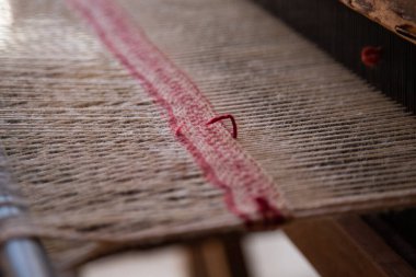 Meksika halılarının Teotitlan del Valle, Oaxaca Mexico 'daki zanaatı için atış ve makine.