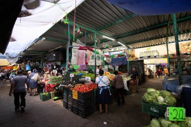 Oaxaca, Meksika; 1 Ocak 2025: Oaxaca gıda pazarında sebze, meyve ve restoran satışları.