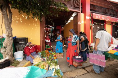 Tlacolula, Meksika; 1 Ocak 2025: Tlacolula, Oaxaca 'daki renkli yerli pazarında tedarikçi tezgahları ve pazar atmosferi.