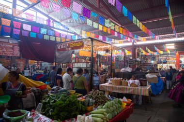 Tlacolula, Meksika; 1 Ocak 2025: Tlacolula, Oaxaca 'daki renkli yerli pazarında tedarikçi tezgahları ve pazar atmosferi.