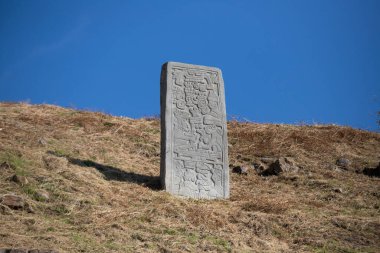 Meksika, Oaxaca 'daki Monte Alban kalıntılarında sütunlar ve yontulmuş taşlar..