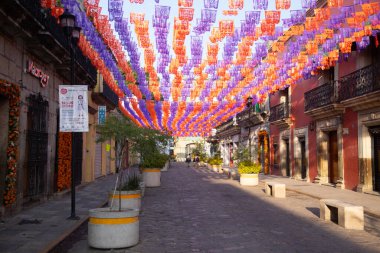 Oaxaca, Meksika; 1 Ocak 2025: Oaxaca City sokaklarında renkli ve güzel konutlar ve iş binaları.