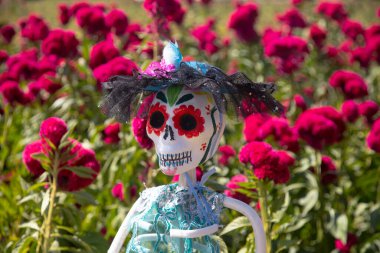 Atlixco, Puebla, Meksika; 1 Kasım 2024: Ölüm Günü kutlamaları için renkli katrina figürleri Meksika kültüründen karakterleri temsil ediyor.