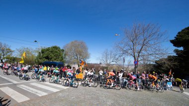 Barselona, İspanya; 1 Nisan 2025: Barcelona 'da bir spor müsabakasında profesyonel yol bisikletçileri yarışıyor.