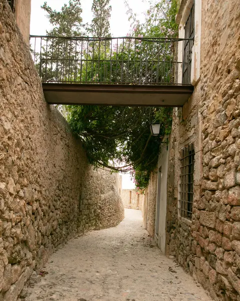 İspanya 'nın İbiza adasındaki UNESCO Dünya Mirası Alanı Dalt Vila antik duvarlı kalesinin sokakları ve manzaraları.