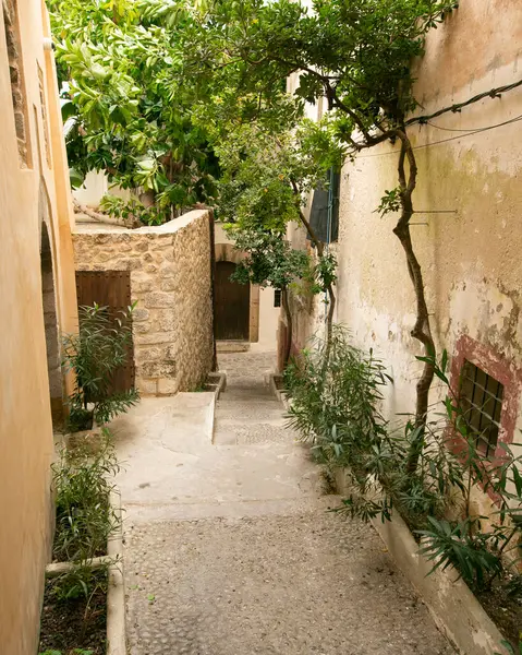 İspanya 'nın İbiza adasındaki UNESCO Dünya Mirası Alanı Dalt Vila antik duvarlı kalesinin sokakları ve manzaraları.