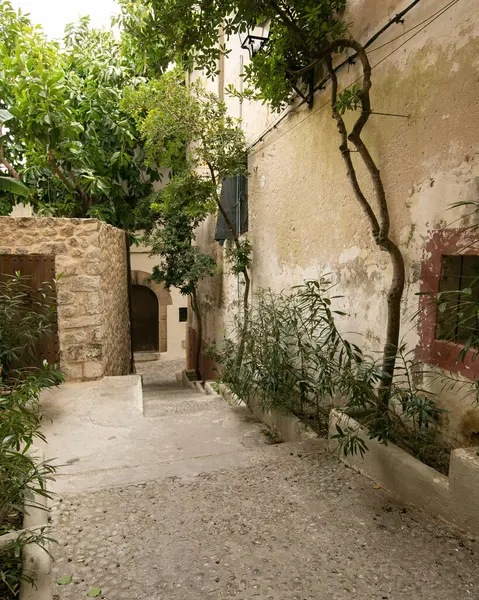 İspanya 'nın İbiza adasındaki UNESCO Dünya Mirası Alanı Dalt Vila antik duvarlı kalesinin sokakları ve manzaraları.