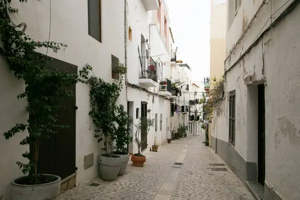 İspanya 'nın İbiza adasındaki UNESCO Dünya Mirası Alanı Dalt Vila antik duvarlı kalesinin sokakları ve manzaraları.