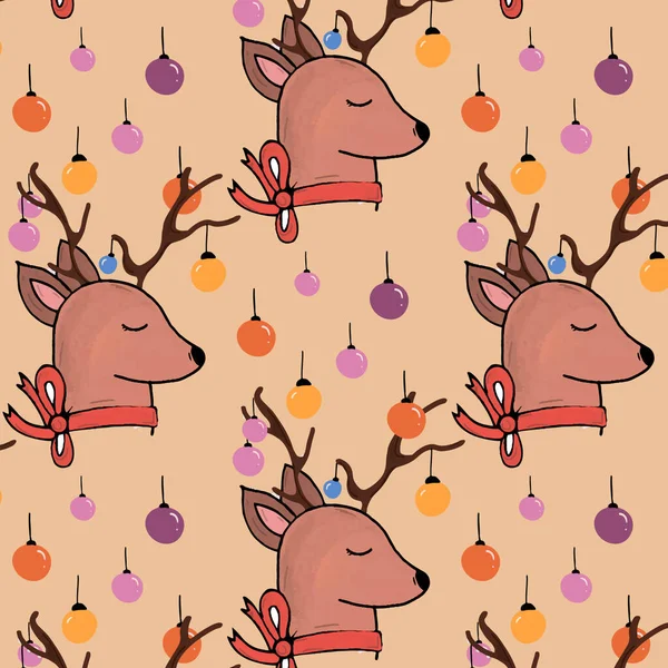 Boynuzlarında yeni yıl oyuncağı olan neşeli bir geyik. Kusursuz desen.