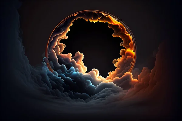 Cloud whirlpool and intense lightning in a storm concept. Abstract glowing circular shape with clouds