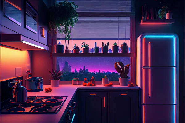 Modern kitchen with neon lights in the evening. Purple neon lights ambient. Smart House interior.