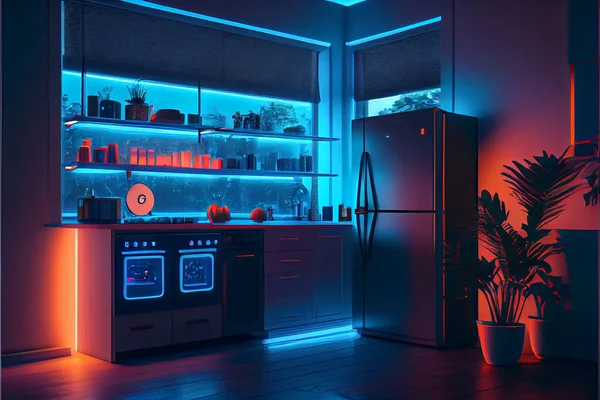 Modern kitchen interior with neon lights in the evening. Blue neon lights ambient. Smart House interior. Indoors