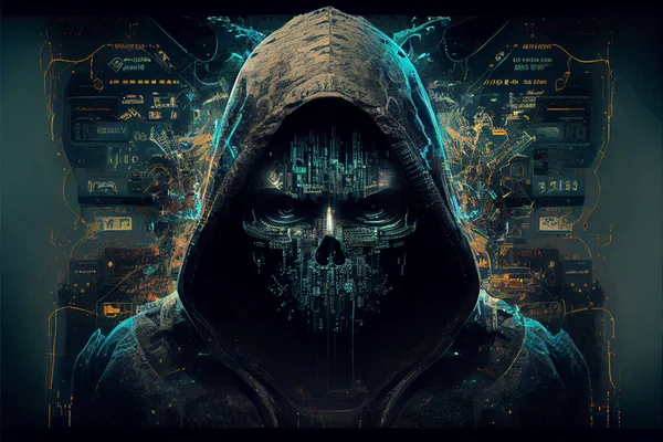 Hacker making threat of cyberattack of computer security. Skull pirate, online cyberattack, hack, threat and breach security symbol digital concept. Network, cyber technology and computer background