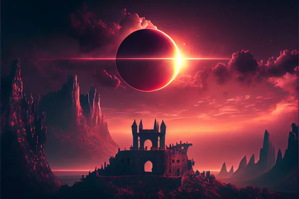 red sky and old castle with towers on the hills. Landscape of mountains and forest. nature and acient architecture. scenery of castle of thorn with solar eclipse in dark red sky, digital art style