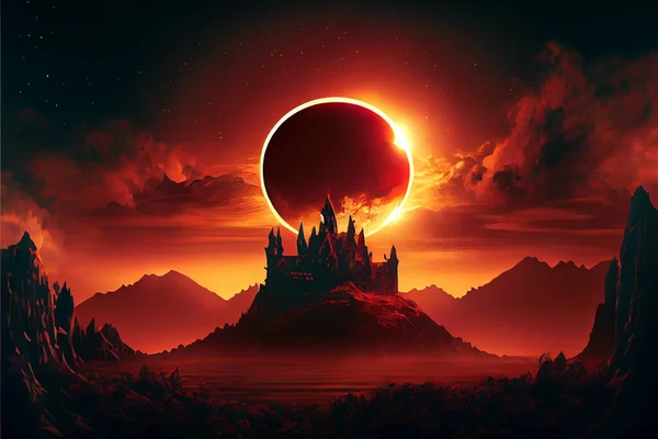 red sky and old castle with towers on the hills. Landscape of mountains and forest. nature and ancient architecture. scenery of castle of thorn with solar eclipse in dark red sky, digital art style