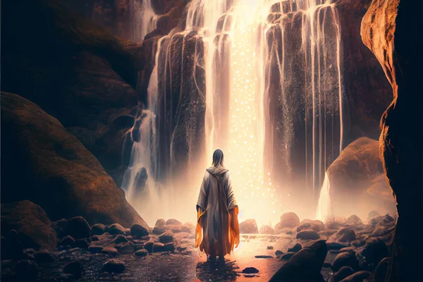 spiritual man in robe meditating in mountains near the waterfall with emanating energy. Calming unity with nature concept.silhouette of a person sitting on the mountain meditating near the waterfall