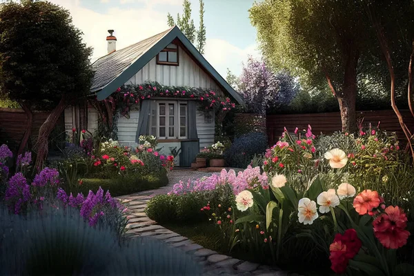Cottage garden with flowers blossoming.. Beautiful flower bed near the house. Vibrant and colourful flower garden. 3d rendering illustration