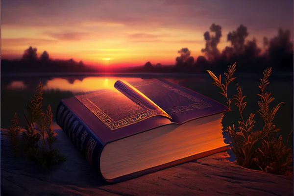 Open Bible on a table with sunset light and sea background. Illustration painting