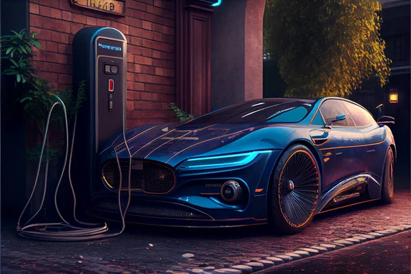 Power supply connect to electric car for charge to the battery. Charging technology industry transport which are the futuristic of the Automobile. Illustration painting