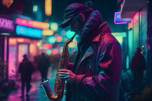 Street musician playing saxophone in the evening street with neon lights background. Joyful musician playing music at night city. High quality. Illustration painting