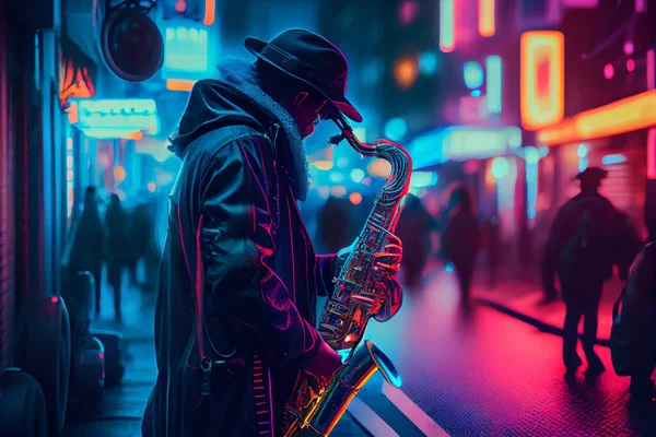 Street musician playing saxophone in the evening street with neon lights background. Joyful musician playing music at night city. High quality. Illustration painting