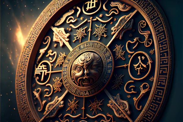 Astrological signs on the antique clock , Medieval wheel of the zodiac and constellations. Golden symbols on a star circle. Astrology concept, horoscope and time. High quality photo. Illustration painting