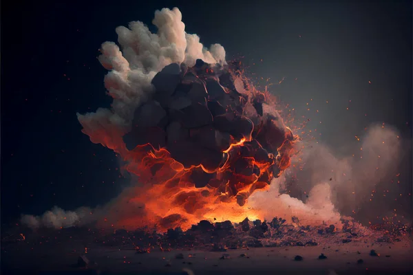 Fiery bomb explosion with sparks and smoke. Huge, extremely hot explosion with sparks and hot smoke, against black background. Illustration painting